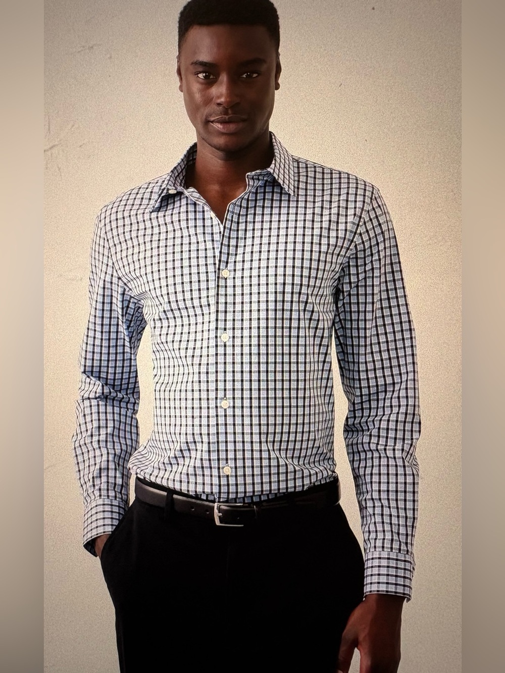 Banana Republic Men’s White and Blue Plaid Button-Down Shirt, Sz-L